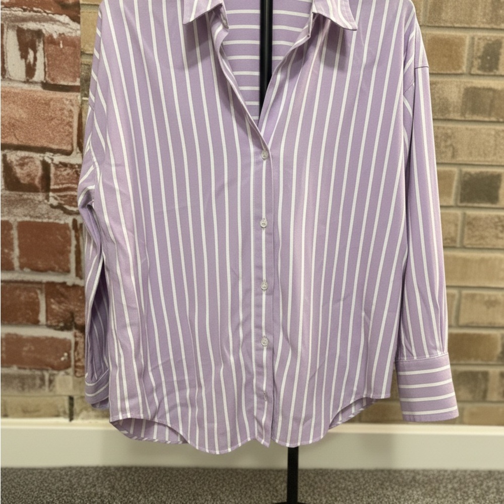Zara Lavender and White Striped Button-Down Shirt